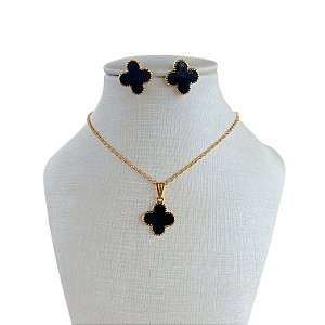 Conjunto Folheado Ouro 18k e Prata 925 Trevo Resinado