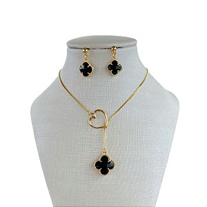 Conjunto Folheado Ouro 18k e Prata 925 Gravatinha Trevo Cristal