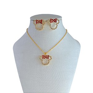 Conjunto Folheado Ouro 18k e Prata 925 Infantil Minnie Strass