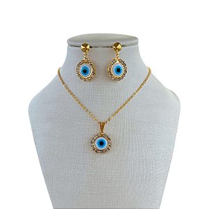 Conjunto Folheado Ouro 18k e Prata 925 Olho Grego Strass