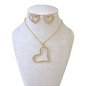 Conjunto Folheado Ouro 18k e Prata 925 Coração Vazado Strass