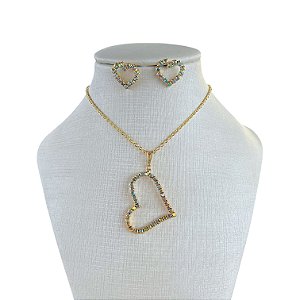 Conjunto Folheado Ouro 18k e Prata 925 Coração Vazado Strass