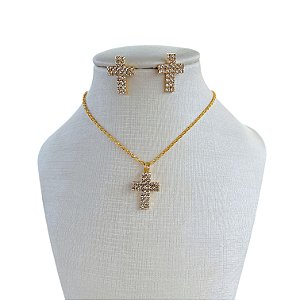 Conjunto Folheado Ouro 18k e Prata 925 Cruz Strass