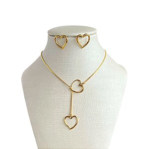Conjunto Folheado Ouro 18k e Prata 925 Gravatinha Coração