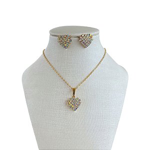 Conjunto Folheado Ouro 18k e Prata 925 Coração Strass