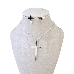 Conjunto Folheado Ouro 18k e Prata 925 Cruz Strass