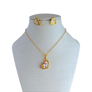 Conjunto Folheado Ouro 18k e Prata 925 Infantil Unicórnio