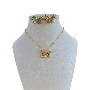 Conjunto Folheado Ouro 18k e Prata 925 Borboleta Strass