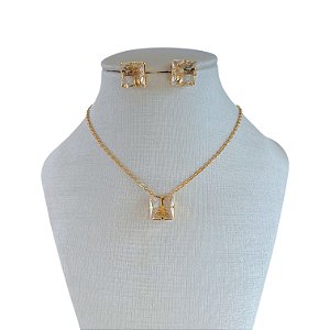 Conjunto Folheado Ouro 18k e Prata 925 Quadrado Cristal