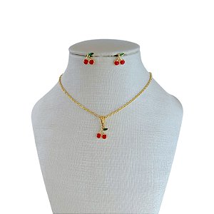 Conjunto Folheado Ouro 18k e Prata 925 Infantil Cereja Pequena