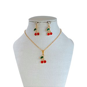 Conjunto Folheado Ouro 18k e Prata 925 Infantil Cereja Média