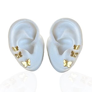 Trio Brincos Folheado Ouro 18k e Prata 925 Borboletas