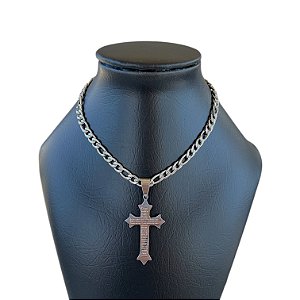 Corrente Masculina Aço Inoxidável Crucifixo Pai Nosso