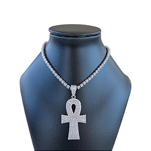 Corrente Masculina Folheada Prata 925 Riviera Cruz Egípcia Cravejada