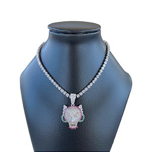 Corrente Masculina Folheada Ouro 18k e Prata 925 Riviera Tigre Cravejado