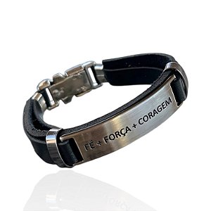 Pulseira Masculina Couro Bijuteria Fé Força Coragem