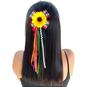 Xuxinha Laço Xadrez Girassol Fitas Cetim e Pompom