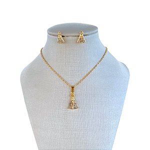 Conjunto Folheado Ouro 18k e Prata 925 Nossa Senhora Strass