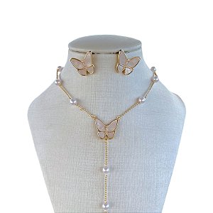 Conjunto Folheado Ouro 18k e Prata 925 Borboleta Gravatinha Madrepérolas
