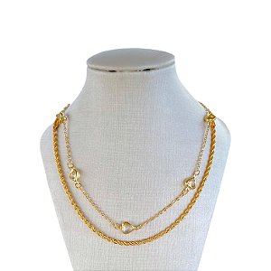 Choker Dupla Folheada Ouro 18k Cordão Baiano Corações Cristais