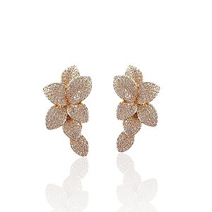 Brinco Folheado Ouro 18k e Prata 925 Folhas Cravejada