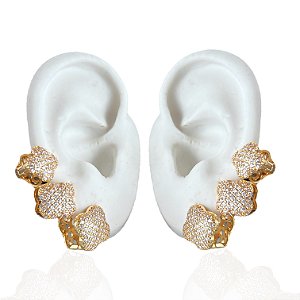 Trio Brincos Folheado Ouro 18k e Prata 925 Trevos Cravejado