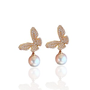 Brinco Folheado Ouro 18k e Prata 925 Borboleta Cravejado Pérola