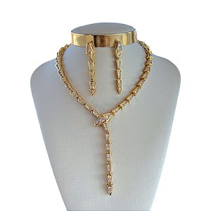 Conjunto Folheado Ouro 18k e Prata 925 Serpente Cravejada