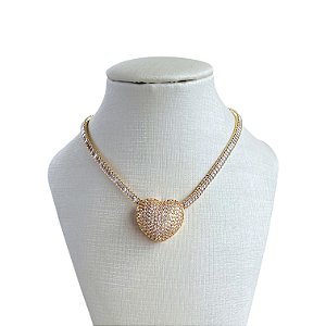 Colar Folheado Ouro 18k e Prata 925 Riviera Coração Cravejado