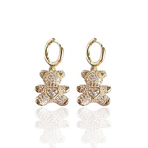 Brinco Folheado Ouro 18k e Prata 925 Urso Coração Inspired Cravejado