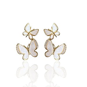 Brinco Folheado Ouro 18k e Prata 925 Borboleta Madrepérola Cravejada