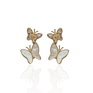 Brinco Folheado Ouro 18k e Prata 925 Borboleta Madrepérola Cravejada