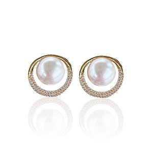 Brinco Folheado Ouro 18k e Prata 925 Pérola Cravejada