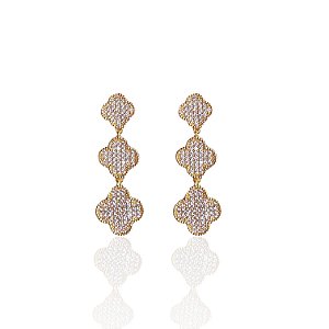 Brinco Folheado Ouro 18k e Prata 925 Trevo Inspired Cravejado