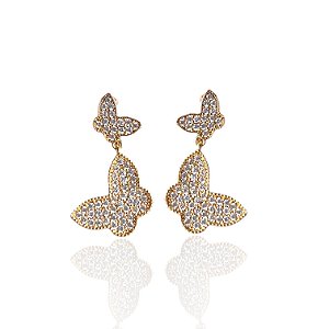 Brinco Pressão Folheado Ouro 18k e Prata 925 Borboleta Cravejado