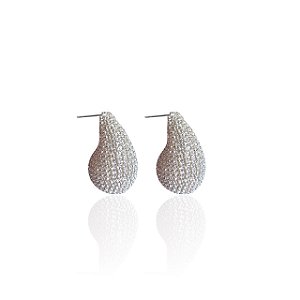 Brinco Folheado Prata 925 Gota Virgula Cravejada