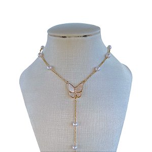 Colar Folheado Ouro 18k e Prata 925 Gravatinha Borboleta Pérolas