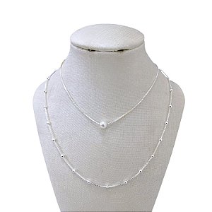 Colar Duplo Folheado Prata 925 Bolinhas Pérolas