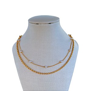 Colar Duplo Folheado Ouro 18k Cordão Baiano Pérolas