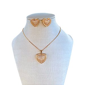 Conjunto Folheado Ouro 18k e Prata 925 Coração Cravejado