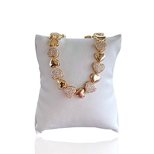 Pulseira Folheada Ouro 18k e Prata 925 Coração Cravejado