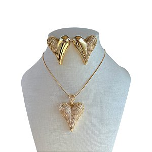 Conjunto Folheado Ouro 18K e Prata 925 Coração Cravejado