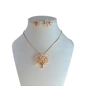 Conjunto Folheado Ouro 18k e Prata 925 Árvore da Vida Cravejada