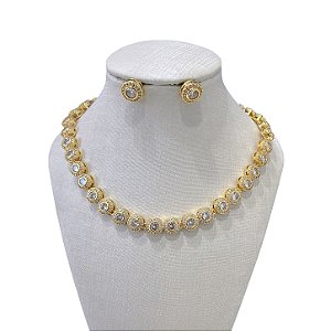 Conjunto Folheado Ouro 18k e Prata 925 Inspired Redondo Cravejado