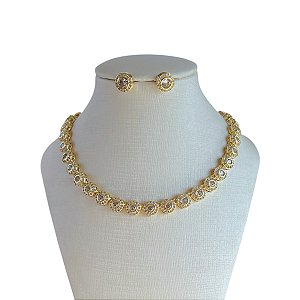 Conjunto Folheado Ouro 18k e Prata 925 Redondo Inspired Cravejado