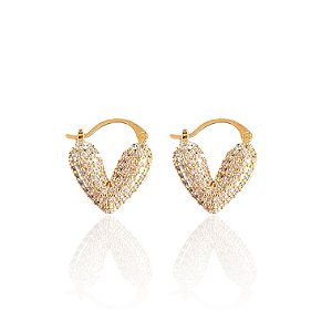Brinco Folheado Ouro 18k e Prata 925 Coração Cravejado