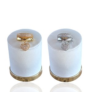 Anel Numeração Bijuteria Dourado e Prata Abaulado Coração Cravejado