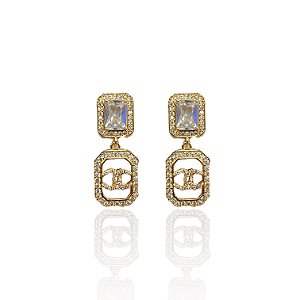 Brinco Folheado Ouro 18k e Prata 925 Quadrado Cristal Inspired Cravejado