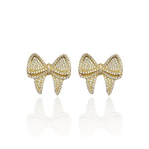 Brinco Folheado Ouro 18k e Prata 925 Laço Cravejado