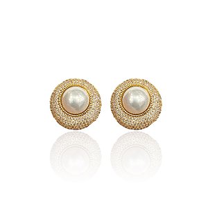 Brinco Folheado Ouro 18k e Prata 925 Redondo Pérola Cravejada